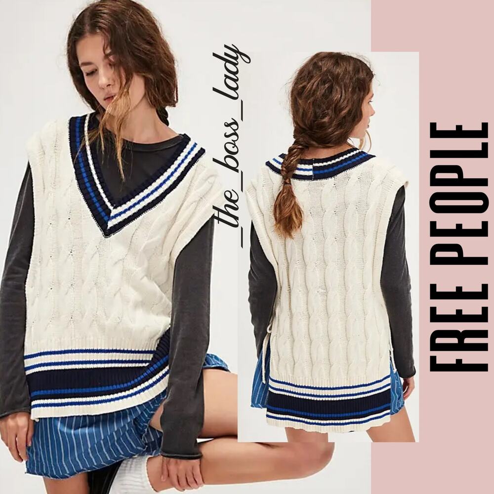 Free People Cream and Blue Cable Knit Sweater Vest